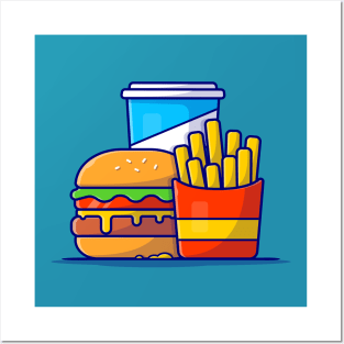 Burger, French fries And Soft Drink Cartoon Vector Icon Illustration Posters and Art